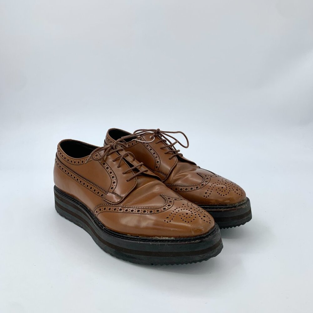 Q12286 Prada size 40.5 brown Baroque carved lace-up thick-soled leather shoes wi - Picture 2 of 9